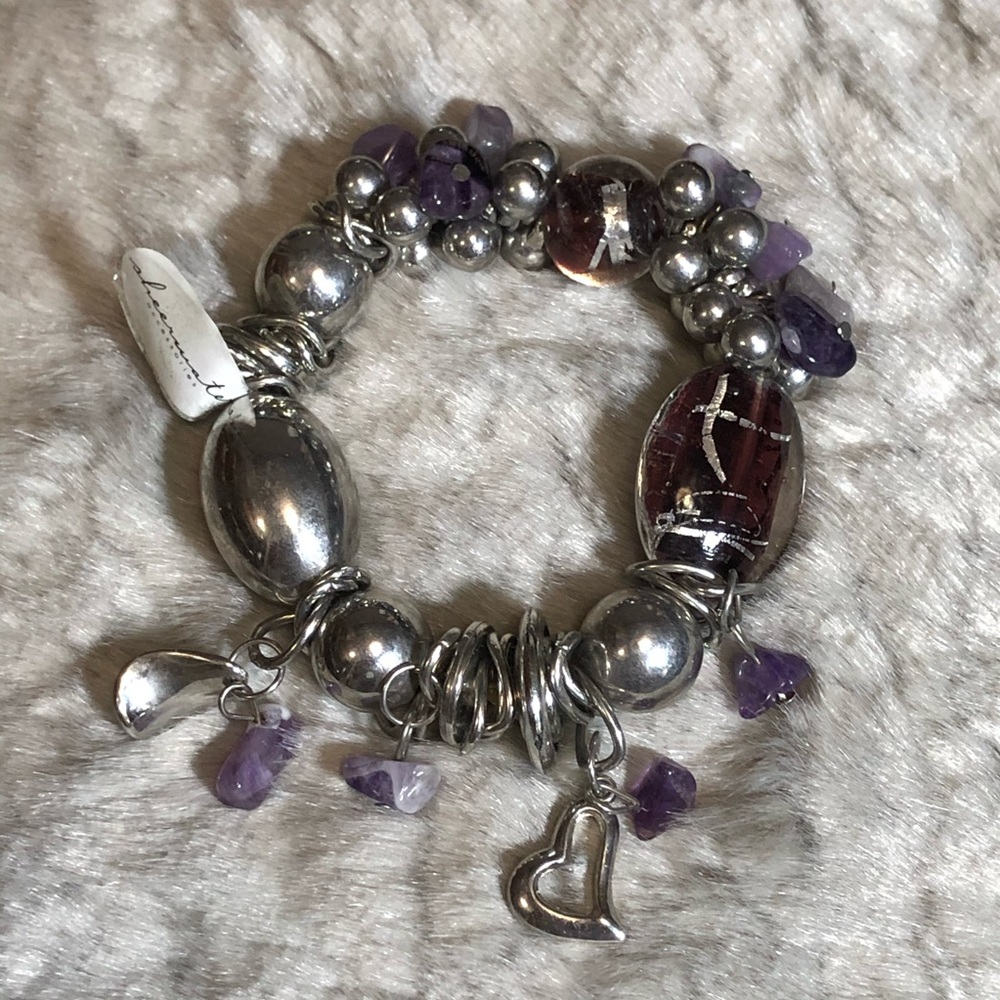 NWT Amethyst Stone & Stainless Steel Charm Statement Meditation Bracelet